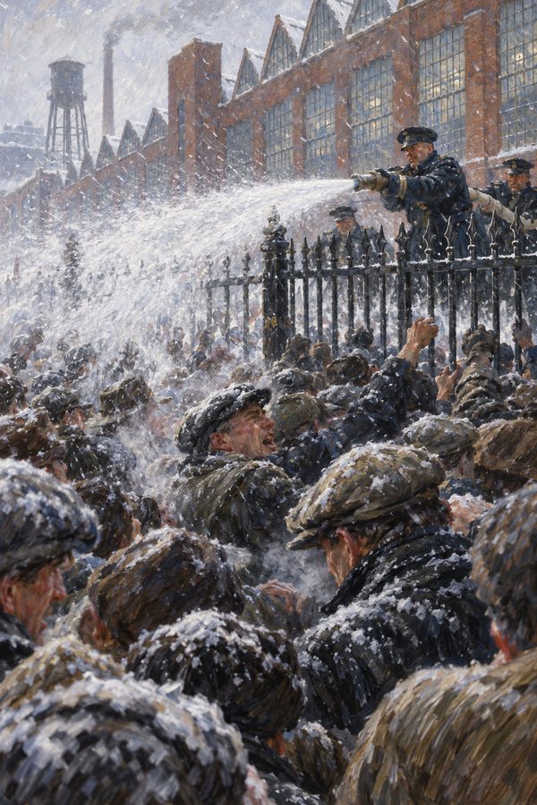Painting: fire hoses turn on job-seekers at Ford's Highland Park gates, Five Dollar Day, January 1914