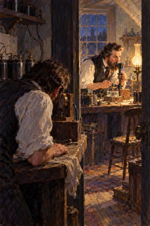 Painting: Thomas Watson hears the first telephone call from Alexander Graham Bell in the next room, Boston, March 1876