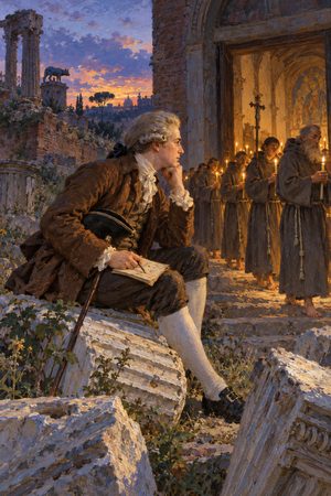 Painting: Edward Gibbon sits among the Capitol ruins as barefoot friars sing vespers, Rome, 15 October 1764